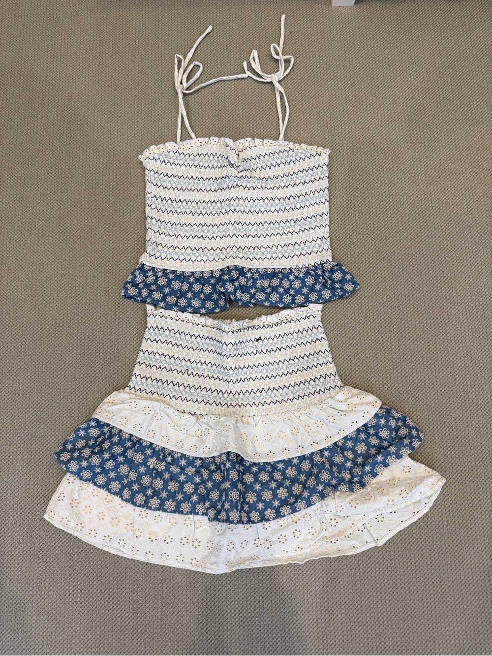 Storia 2-Piece Smocked Eyelet Set | Medium | Ruffle Crop Top & Tiered Mini Skirt